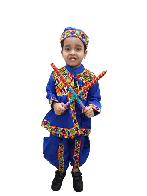 BookMyCostume Blue Gujarati Kedia with Dhoti & Turban Cap With A Pair of Dandiya Sticks – Traditional Outfit with State Artwork & Gota Work for Navratri & Festivals | Gujarat Fancy Dress Costume For Kids & Adults